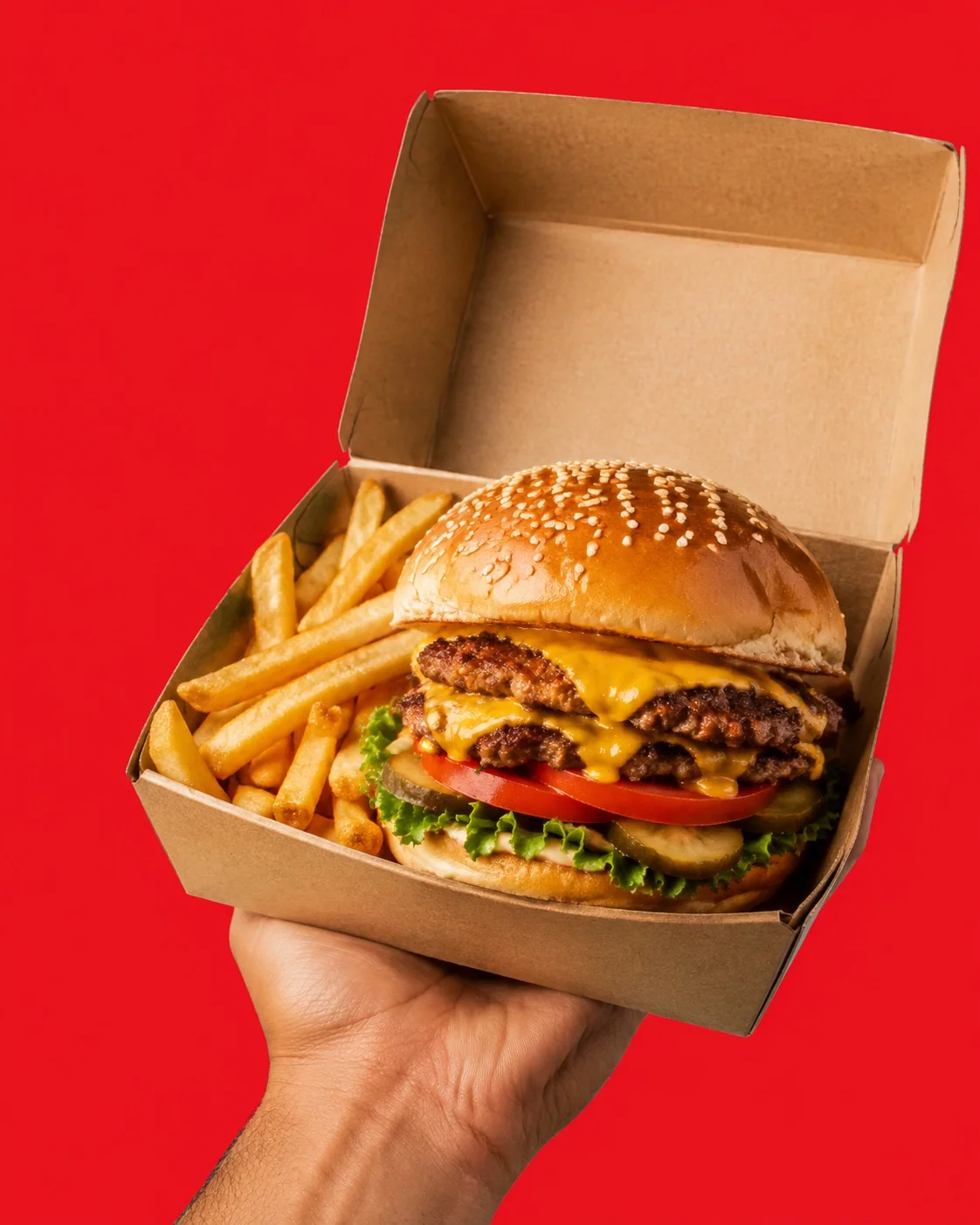 Uma mão segura uma caixa de delivery com hambúrguer e batatas